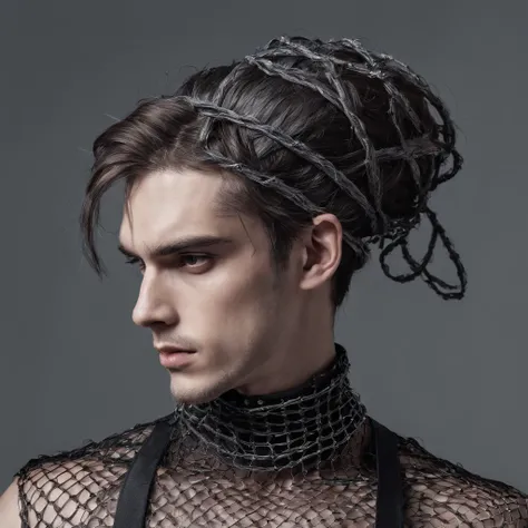 Musular male with gothic net symbolic clothes, 。.com (Barbed wire of the body) brunette color hair，Gray hair ends