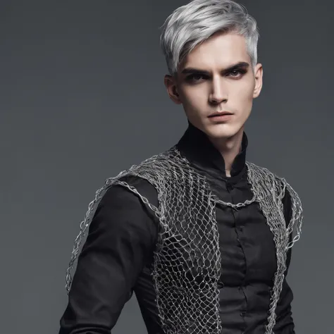 Musular male with gothic net symbolic clothes, 。.com (Barbed wire of the body) brunette color hair，Gray hair ends