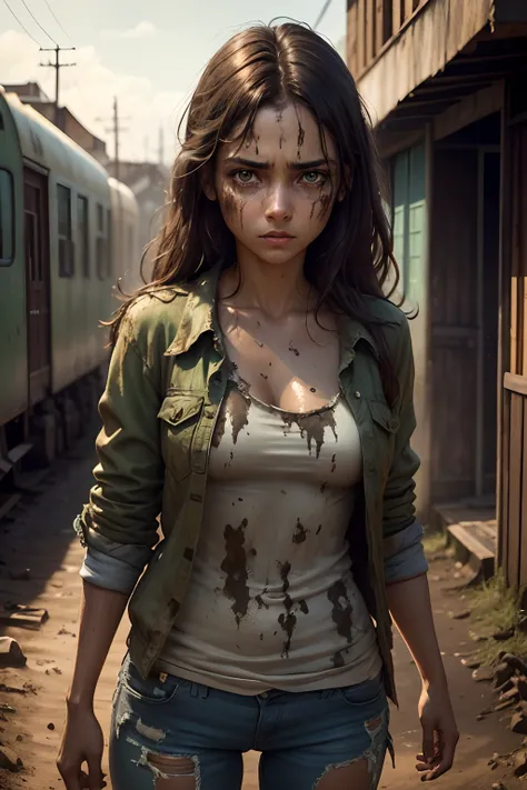 standing, facing forward, beautiful south american woman in her 20s, mud, scratches on face, mud stained brown hair and face, dirty and torn clothes, smooth skin, crying expressions, isometric details, amazingly realistic photos, green eyes, zombie apocaly...