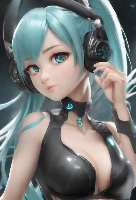 (masterpiece), (best quality), highly detailed, HDR, 1girl, solo focus, skindentation,sports bra，shorter pants，Pantyhose， perfect face, puffy face, beautiful face, big eyes, puffy eyes, perfect eyes, eyeslashes，Big breasts Hatsune Miku，extremelydetailedfac...