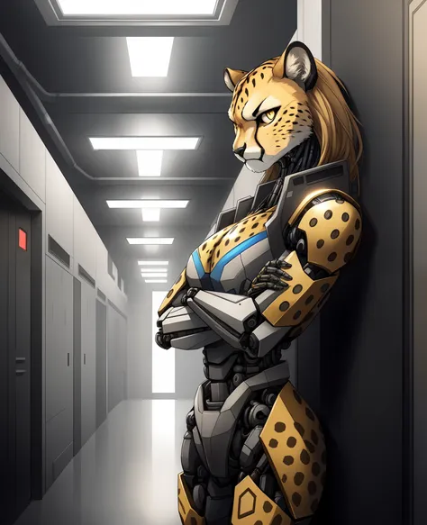 robot (cheetah:1.5), feline, female, (anthro:1.2), (((single, solo,))) (blond long hair:0.5) (leaning back on wall:1.5, intimida...