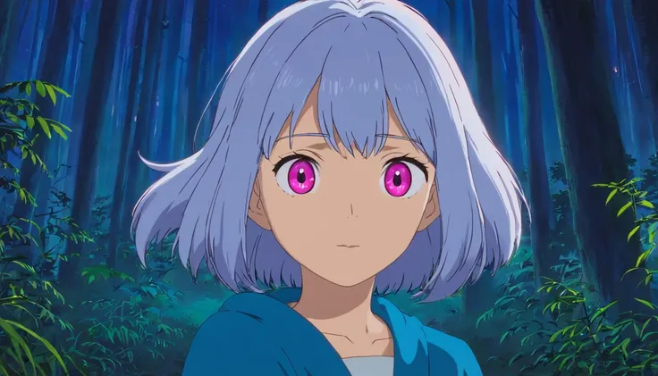 In the nocturnal forest，One Girl With Silver Hair（Pink eyes）I was scared to look at the camera