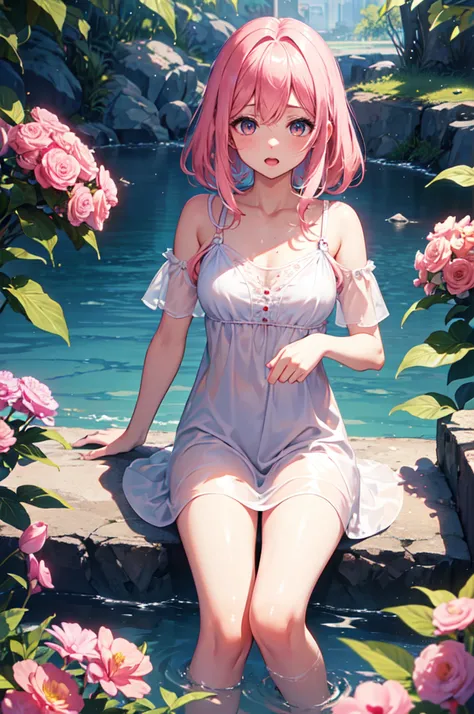 (best quality, 8k, masterpiece:1.2, nsfw ),Cutest,Cute girl,mesugaki,Beautiful face,Beautiful eyes,Beautiful hair, Light pink hair,Lots of colorful flowers,see-through nightdress, Shout with your mouth wide open, Orgasmic expression,Twitching of the toes,G...