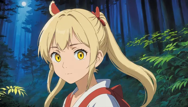 In the nocturnal forest，A blonde girl with double ponytail（Yellow eyes）Looking at the camera very proudly