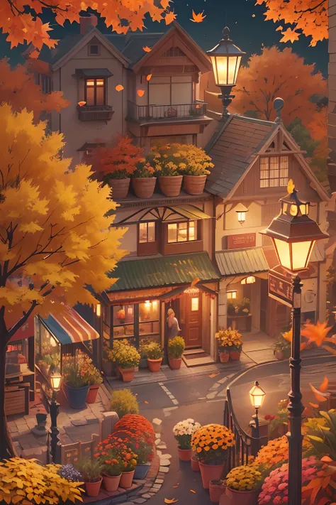 Countryside Street, potted plants, flower,oriental design, autumn ,harvest festival,autumn leaves digital painting, wind up,concept art, illustration, intricate, many people, lamp post lights, happy, autumn day time, flower, plants ((tileset))