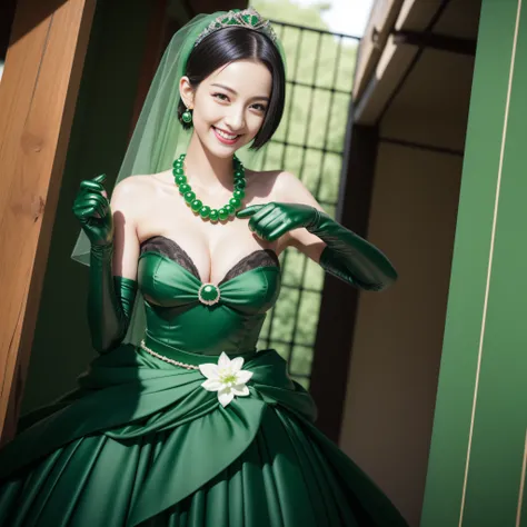 Boyish very short black hair, lipsticks, Japan woman smiling, Green Long Grove,　Emerald Tia boyish very short black hair, lipsticks, Japan woman smiling, Satin green long gloves, Green Pearl Necklace, verd s eyes, Green eyes, Long green gloves made of sati...