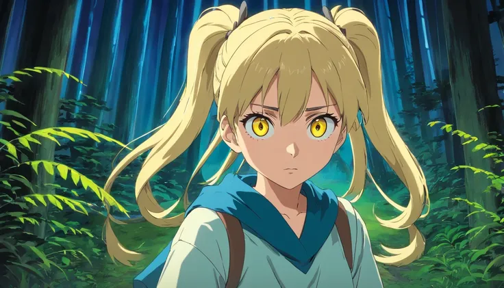 In the nocturnal forest，A blonde girl with double ponytail（Yellow eyes）Angrily facing the camera