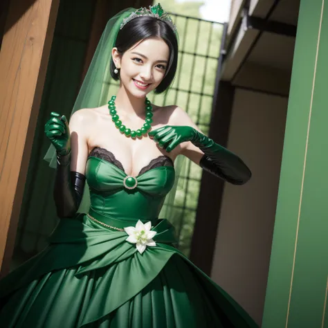 Boyish very short black hair, lipsticks, Japan woman smiling, Green Long Grove,　Emerald Tia boyish very short black hair, lipsticks, Japan woman smiling, Satin green long gloves, Green Pearl Necklace, verd s eyes, Green eyes, Long green gloves made of sati...