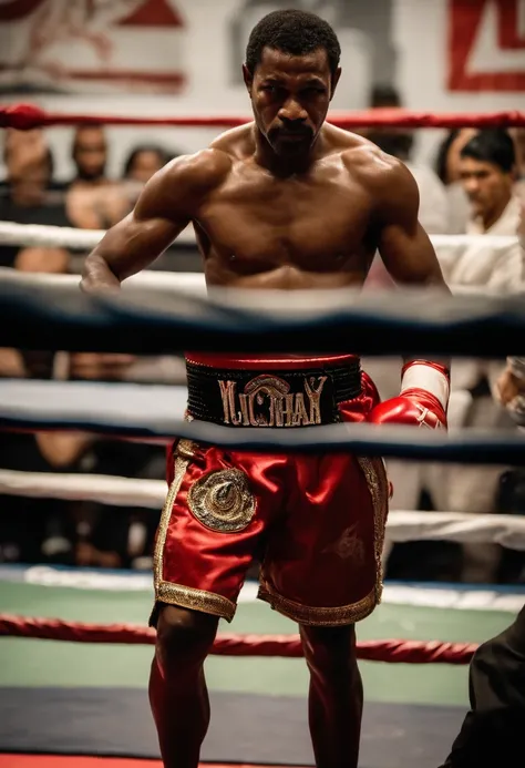 um mestre de Muay thai negro de 40 anos dando um soco em outro lutador negro no ring