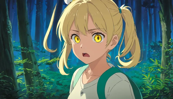 Nocturnal forest，A blonde girl with double ponytail（Yellow eyes）The mouth pouted angrily to the camera