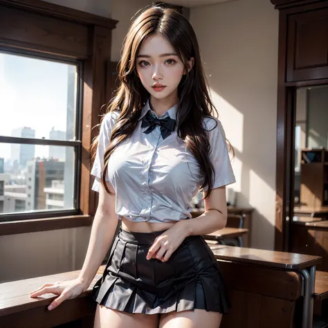 Photorealistic, High resolution, 1womanl, Young pretty woman, Solo, hips up high, look at viewr, (Detailed face), Wavy Hair, Long hair, School uniform, Mini skirt