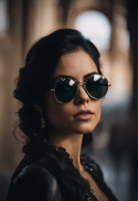 Portrait of an attractive beautiful woman with black hair with gothic costume，inspirada em "Jenna Ortega"(altamente detalhado: 1.2), Hyper-detailed eyes and use of high-tech sunglasses with holographic display 1.2)