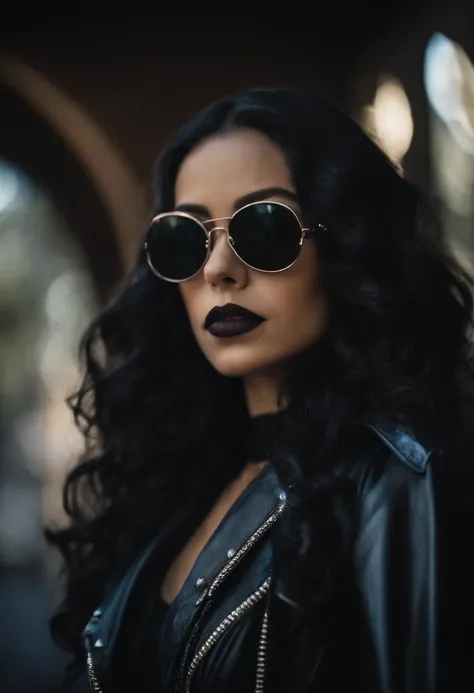 Portrait of an attractive beautiful woman with black hair with gothic costume，inspirada em "Jenna Ortega"(altamente detalhado: 1.2), Hyper-detailed eyes and use of high-tech sunglasses with holographic display 1.2)