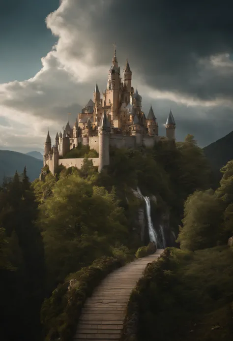 A large castle with a huge, A green roof with a bizarre shape, standing on top of a mountain.
It has a fantasy structure with floating ships, Buildings and crystals in the air, and trees, growing at the bottom.
The fantasy element is very strong.
The bridg...