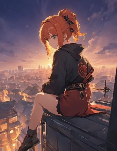 Female Ninja, Sitting, Rooftop, Twilight, Moon, High quality 2D Render