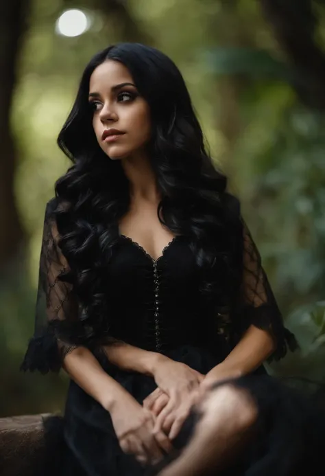 Portrait of an attractive beautiful woman with black hair with gothic costume，inspirada em "Jenna Ortega"(altamente detalhado: 1.2), (Olhos hiperdetalhados:1.2)