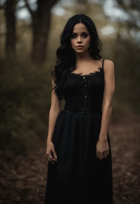 Portrait of an attractive beautiful woman with black hair with gothic costume，inspirada em "Jenna Ortega"(altamente detalhado: 1.2), (Olhos hiperdetalhados:1.2)