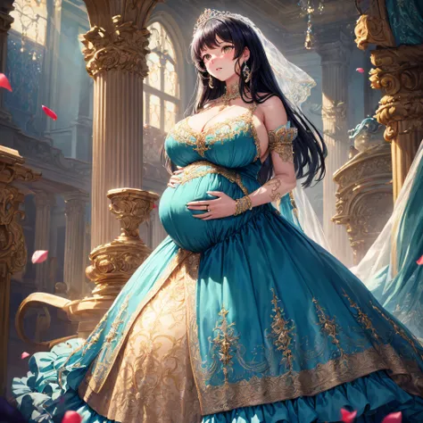 (masterpiece, best quality,extremely detailed:1.1),(moe anime art style:1.2),1girl,((full body,focus face)),((solo)), cute, kawaii,digital art,((1 bling-bling pregnant princess wearing beautiful embroidery and jeweled gorgeous rococo ballgown with jeweled ...