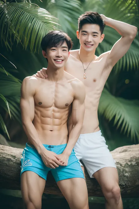 ( (8K:1.27), best qualtiy, tmasterpiece, 超高分辨率:1.2) Vietnamese two man photo, young male，Perfect face，perfect bodies，Leaky abs, smile, Arms raised and crossed behind the back