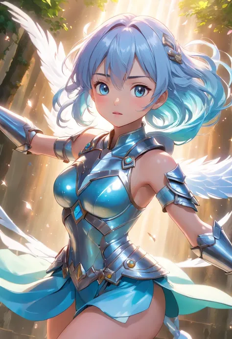 (top-quality,4K,8K,Haute,Master Parts:1.2),ultra-detailliert,(Realistic,Photorealista,Photorealsitic:1.37),Silver Amazon jumps into the air to unleash its attack, Wearing silver armor, Long light blue hair flowing in the air, A sparkling universe emerges f...