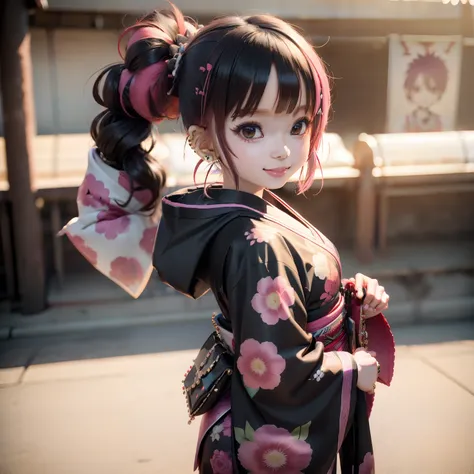 Cute Baby Chibi Anime,(((Chibi 3D))) (Best Quality) (Master Price)、(masutepiece:1.3), (punk fashion:1.3), (punk hair:1.2), (Lots of accessories:1.2), Black retro floral kimono, Looking at Viewer, 1girl in, Smile, Best Quality, ultra-detailliert, Ultra-Real...