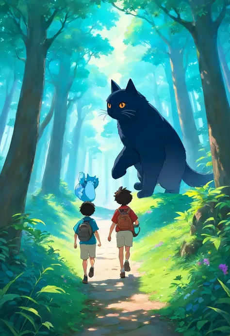 Um homem jovem de cabelo cinza e um homem jovem de pele negra e cabelo azul, Running in a magical forest, fugindo de morcegos encantados, gato encantado salva eles. 3d, anime, obra prima