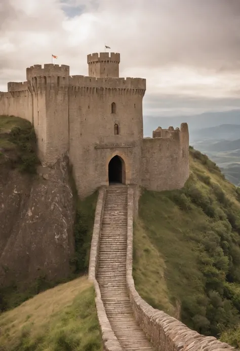 fortaleza abismo de helme, The Lord of the Rings, torre alto, muralha, large fortified wooden gate in the center of the wall, grandes montanhas ao fundo do cenario, dia de sol, fim de tarde