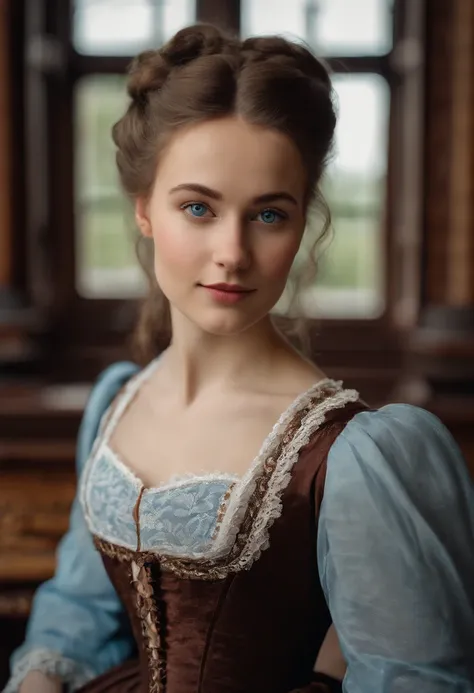 A young woman from Northern Europe, 18 years old, light blue eyes, happy, cute face, white skin, brown hair, ponytail haircut, eyeliner, thin nose, wearing a Victorian dress from 19th century, room in the background, amateur selfie, amateur selfie quality