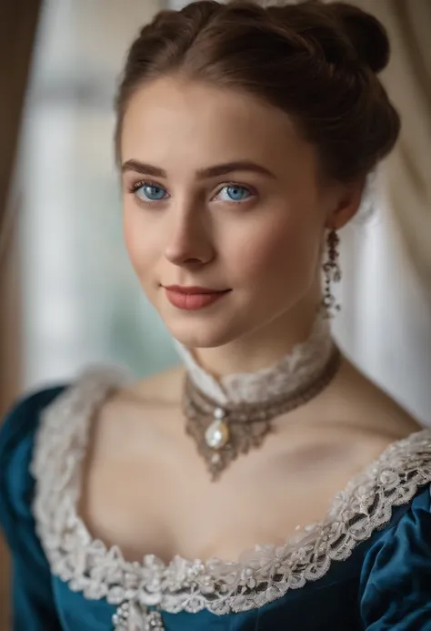 A young woman from Northern Europe, 18 years old, light blue eyes, happy, cute face, white skin, brown hair, ponytail haircut, eyeliner, thin nose, wearing a Victorian dress from 19th century, room in the background, amateur selfie, amateur selfie quality