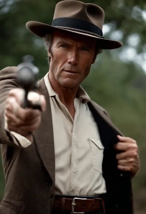 Clint Eastwood atualmente, com um fedora escuro e um sobretudo, pointing a revolver at the camera with a look of anger, poeira e particulas de fogo, Kinematic