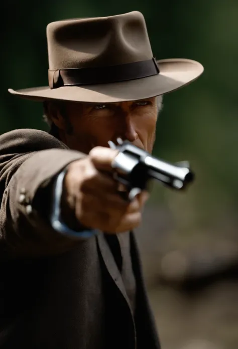 Clint Eastwood atualmente, com um fedora escuro e um sobretudo, pointing a revolver at the camera with a look of anger, poeira e particulas de fogo, Kinematic