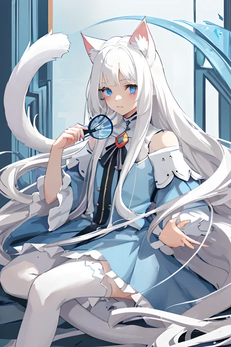 whitehair,1 woman,blue eyes,very long hair,With cat ears,With cat tail,kawaii,red cheeks,Hold the fan.