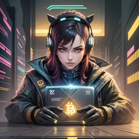 Touro grande e forte, cyberpunk, luzes amarela, logotipo Bitcoin --auto --s2