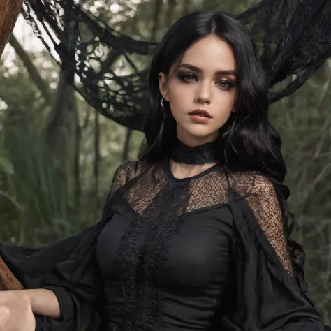 Girl with symbolic clothes of gothic hammock, inspirada na atriz "Jenna Ortega", cabelos pretos，Extremidades dos cabelos altamente detalhado