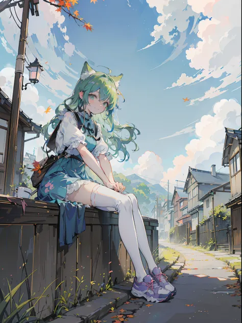 ((masutepiece, Best Quality: 1.1), ((Anime girl in blue dress with travel bag)), ((Shoes are sneakers)),Anime cat-eared girl in cute costume,((Autumn sky in Kyoto)), ((Green hair))、(The long-haired)、Very Beautiful Anime Cat Girl, anime catgirl, ((white kne...