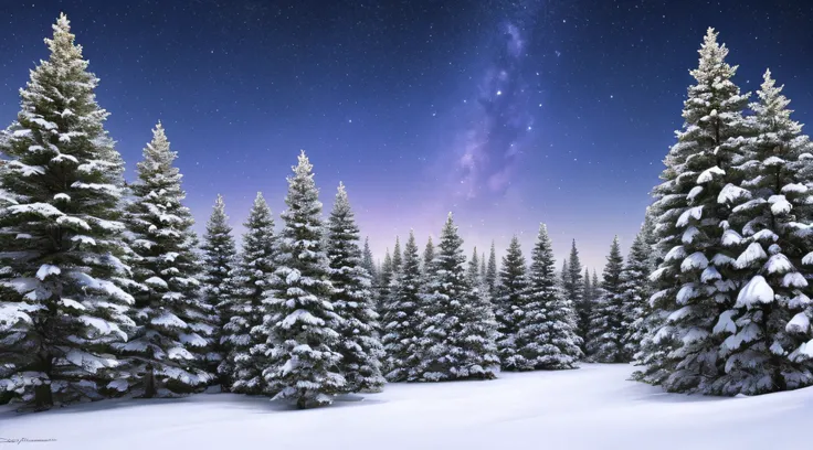 night  sky, Snow-covered forest of pines and spruces, small shrubs,, (brook)+, MIDL shot, (2-point perspective)+, Cinematic shot, Vivid colors, hyper detailed, Highly detailed, 4k, sharp-focus, Perfect composition, CryEngine Style, Photorealistic, sharpnes...