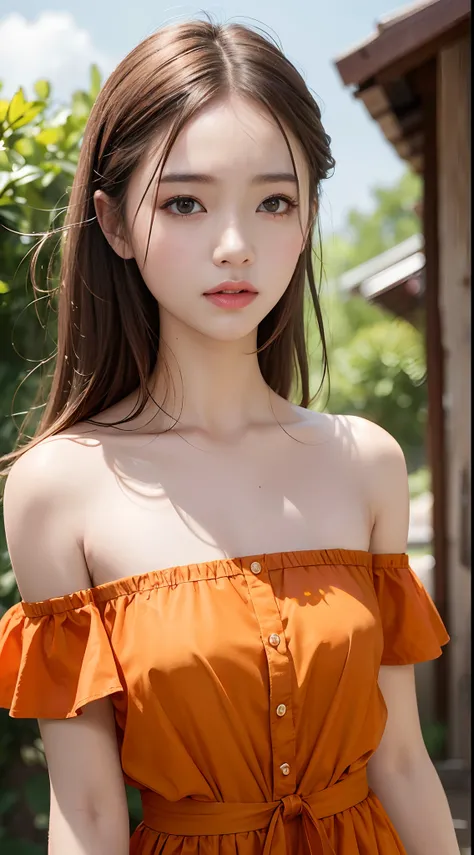 top-quality, ​masterpiece, 超A high resolution, (Realisticity: 1.4), OriginalPhotographs, 1girl in, Orange Off-Shoulder, Cinematic lighting、small tits、very small breasts、Slimed、A slender、Model body type、smil、outside of house、street、Light brown、Shaggy hair、g...