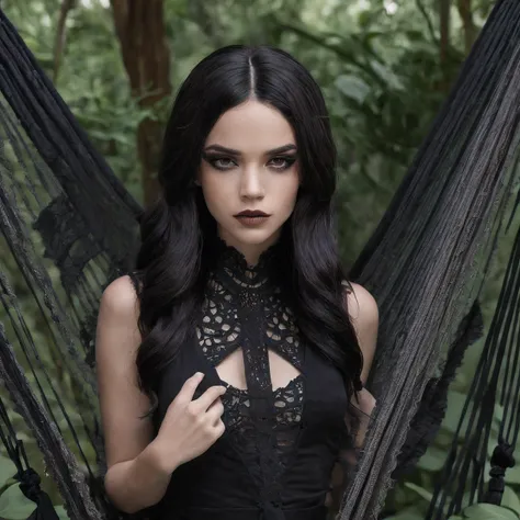 Girl with symbolic clothes of gothic hammock, inspirada na atriz "Jenna Ortega", cabelos pretos，Extremidades dos cabelos altamente detalhado