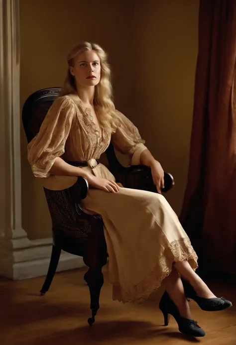 Alice neel kind of pose of a woman sitting in a victorian style chair, blonde hair, victorian style brown shoes and dress, photography