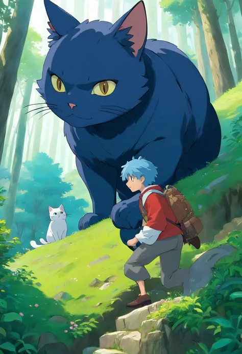 A young man with gray hair and a young man with black skin and blue hair, climbing a large hill, enchanted cat shows the way, enchanted cat points up, a large forest in the background. 3d, anime, masterpiece