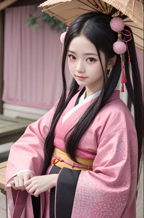 1girl, solo, kamado nezuko , very long hair ,black hair, pink eyes, forehead, japanese clothes, pink kimono, haori , sash , hair...