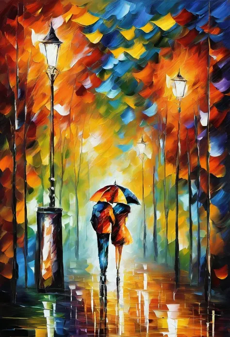 painting of a couple walking in the rain with an umbrella, afremov, romantic painting, afremov leonid, inspired by Leonid Afremov, style of leonid afremov”, style of leonid afremov, by Leonid Afremov, covered in oil painting, leonid afremov and tim white, ...