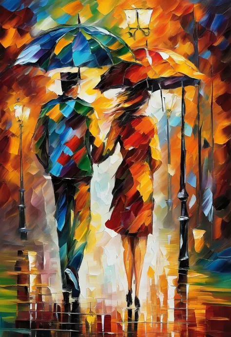 painting of a couple walking in the rain with an umbrella, afremov, romantic painting, afremov leonid, inspired by Leonid Afremov, style of leonid afremov”, style of leonid afremov, by Leonid Afremov, covered in oil painting, leonid afremov and tim white, ...