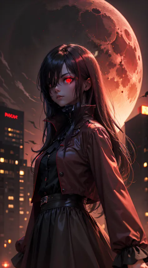 A dark vampire in a city, night, red moon