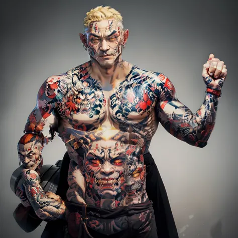 irezumi tattoo, tattooed chest, fully tattooed chest, oni demon tattoo, oni irezumi tattoo, oni face on chest,