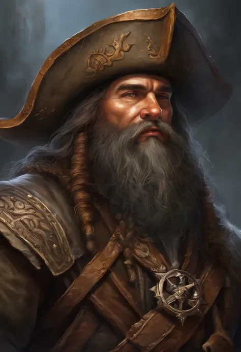 a carton pirate seen from the front Dwarf steampunk, medieval fantasy dwarf, forte, gordura, com cabelo preto e barba comprida, graxa roupas sujas, um olhar louco, corpo inteiro, sozinho, fantasia, Dwarf Medieval RPG, Closeup portrait of a pirate with hat ...