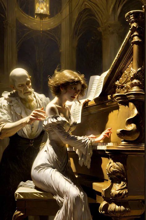 spirite, 1885, by george roux, depicts ghostly female figure at the piano with terrified man