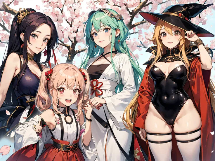 Anime character in costume and hat standing in front of a cherry tree, :14 80s anime style, anime in fantasy style, In a Japanese anime style, In anime style, Anime Girls, Very anime style, Anime princess, Ecchi anime style, Four Women