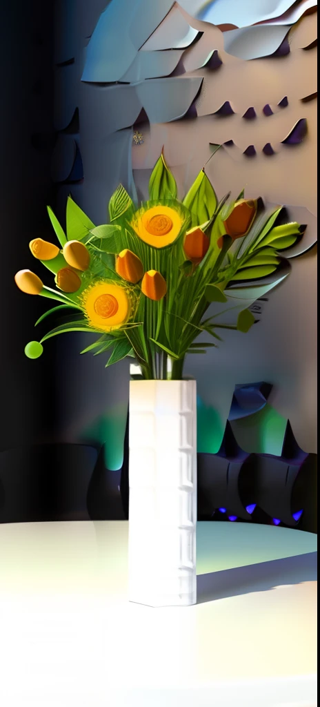 Photorealistic, [best quality], ceramic vase based on Vam Gogh paints, minimalist furniture in a fancy art gallery, 3D render, black wall, soft yellow ambient lights, lifelike shadows, minimalist furniture, soft focus, [deep purple impressionist vase]