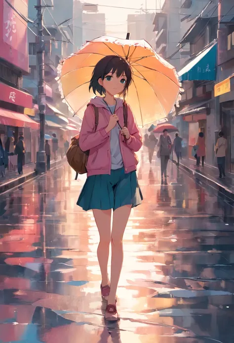 I see a young girl，She wore shorts and a pink top，Carry a small bag，Slender hair fluttering in the breeze。She has a beautiful face，eyes are clear and bright。 The girl had a special umbrella，This umbrella is transparent，No frills，The surface of the umbrella...